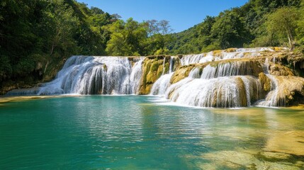 Obraz premium Serene Waterfall Paradise: A Breathtaking Cascade in Lush Greenery