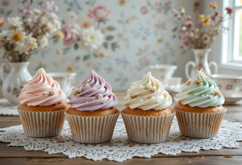 Shabby chic cupcakes with pastel frosting, served on a vintage table