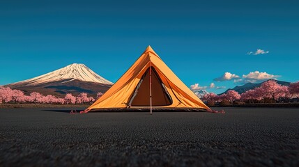 Camping tent, Fuji mountain, cherry blossoms, sunrise