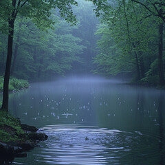 Misty forest lake with ripples and ducks in the rain