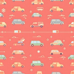 Seamless pattern of vehicles on a pink background.