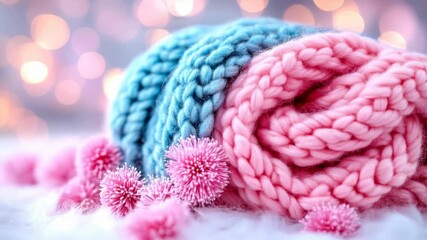 Cozy Winter Knitwear: Pink and Blue Wool Scarf with Festive Pom-Poms - Powered by Adobe