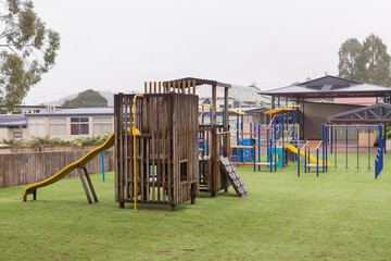 Playground equipment in light rain, Roseberry, Tasmania