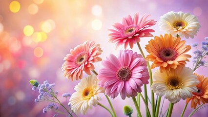 Fototapeta premium A vibrant bouquet of gerbera daisies in assorted pastel colors, arranged artistically against a softly blurred, radiant background.
