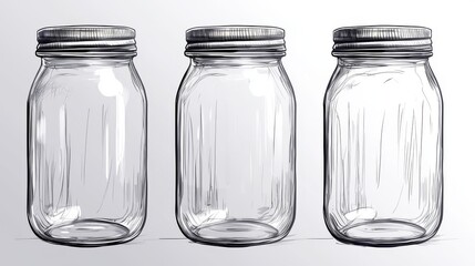 Three Transparent Glass Jars with Metallic Lids on a White Background