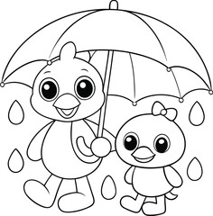 Adorable Baby Chicks Sharing Umbrella in Rainy Weather