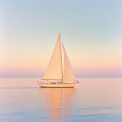 Fototapeta premium Lone Sailboat Gliding Across the Calm Sea with Soft Pastel Sky