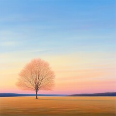 Lone Tree in Field at Dawn Silhouette Against Colorful Sky