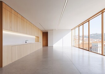 Obraz premium Modern Apartment Design: Open-Plan Living with Wooden Kitchen and Stunning City Views. Luxury Minimalist Interior Showcase.