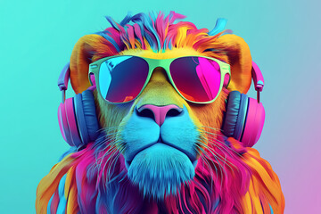Fototapeta premium Vibrant and Colorful Lion Wearing Sunglasses and Headphones Against a Gradient Background