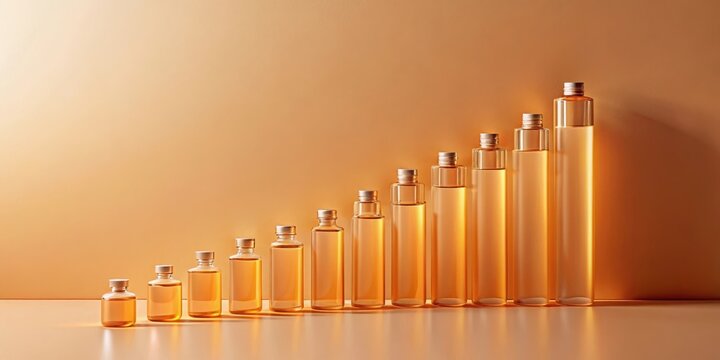 Amber Glass Bottles Arranged in Ascending Order Against a Warm Background, Displaying a Gradual Increase in Size and Volume, Presenting a Visually Appealing Arrangement of Containers