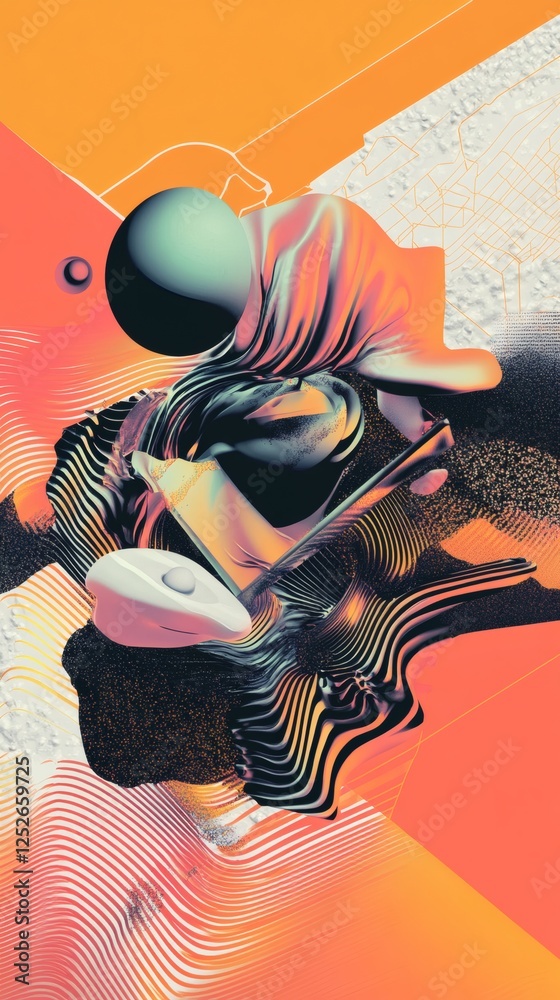 Wall mural molten objects stiff geometric forms swirl in a fluid abstract art design set against a 3d illustrat