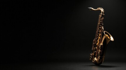 A gleaming tenor saxophone, poised elegantly against a dark backdrop, awaits the next soulful melody.