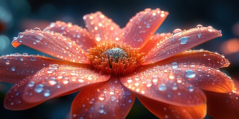 Dew-Kissed Bloom: A Macro Photography Masterpiece of a Coral Flower - obrazy, fototapety, plakaty