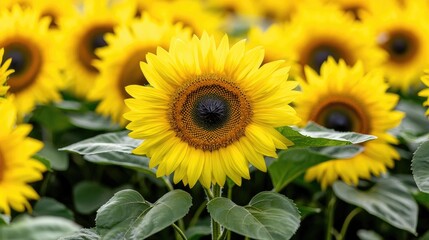 Obraz premium Field of sunflowers, bright yellow blooms, sunny day