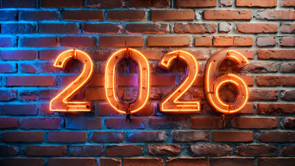 2026 happy new year neon sign on the wall.
