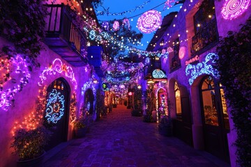 Obraz premium Colorful Night Scene with Vibrant Lights in Charming Alleyway