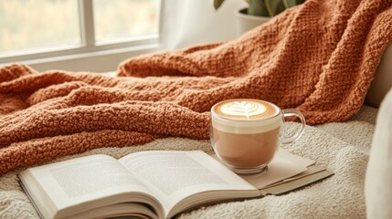 A cozy morning scene with coffee, a book, and a blanket.