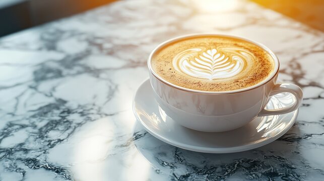 Close-up of a coffee cup with latte art on a marble countertop.
