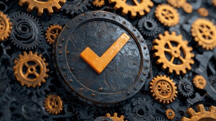 Close-Up of a Textured Check Mark Among Interlocking Metallic Gears Representing Success and Approval