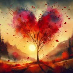 Heart Tree Watercolor Painting with Sunset Falling Hearts Decoration