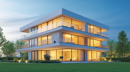 Modern Apartment Building with Large Windows and Outdoor Space