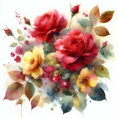 Watercolor Yellow Roses and Flowers Botanical Painting Wall Art Decor