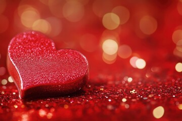 Fototapeta premium Sparkling red heart rests on matching surface with bokeh lights