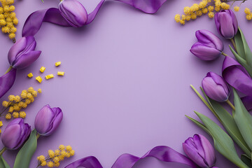 lilac ribbon, fresh purple tulips and branches of mimosa Greeting for International Women's Day concept, confetti on purple background with copy space, top view