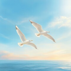 Fototapeta premium Pair of Seagulls Soaring Gracefully Over Calm Ocean Waters