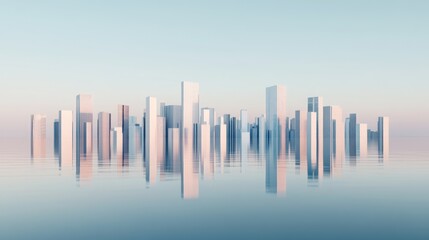 Fototapeta premium Calm city skyline reflection, peaceful morning, futuristic urban landscape, website banner