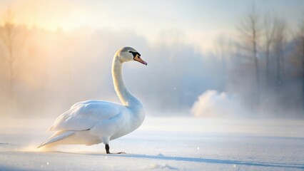 Fototapeta premium Majestic Swan in a Winter Wonderland, Gracefully Stepping on Sparkling Snow During Golden Hour Light