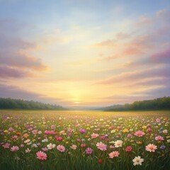Obraz premium Serene Sunset Over a Vibrant Field of Wildflowers in Full Bloom