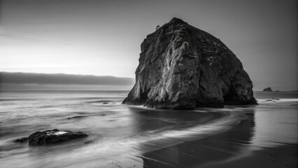 Black and White Long Exposure Photography: Majestic Coastal Rock Formation at Dusk