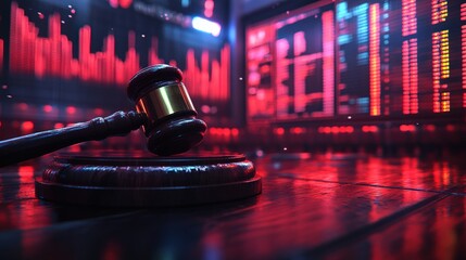 A gavel resting on a wooden block in a dimly lit auction room with digital displays