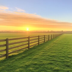 Fototapeta premium Serene Morning Scene with Fence Beneath a Colorful Sunrise Sky