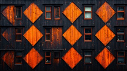 Geometric Wooden Facade with Orange Diamonds and Windows Reflecting Modern Architectural Design