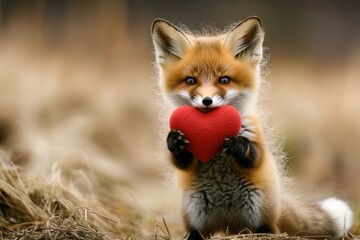 Ad campaign animal pattern. Fox - my desired animal. Cute fox baby with furry friend toy red heart on in a natural habitat. Heartwarming animal affection. Romantic wildlife photography.