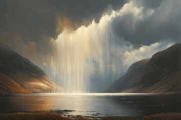 Majestic Waterfall Cascading in Dramatic Mountain Landscape