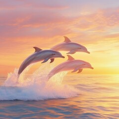 Dolphins Leaping Through Waves at Sunrise Over Calm Ocean Waters