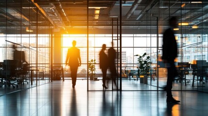 Silhouetted Figures in Modern Office with City View