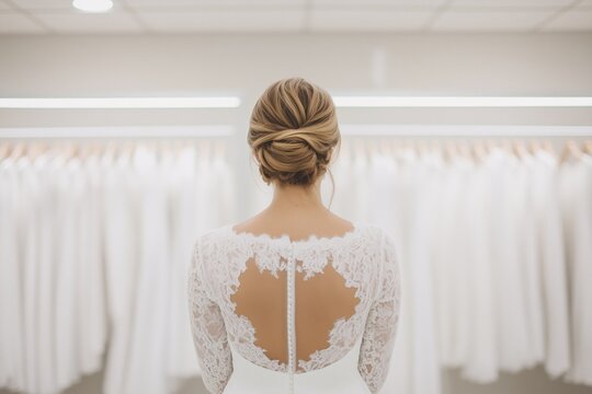 Elegant bridal moment captured from behind—showcasing a lace wedding gown and a chic updo in a bright boutique. Perfect for wedding, fashion, or lifestyle designs