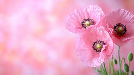 Fototapeta premium Delicate Pink Poppy Flowers with Intricate Petals Against a Soft Blurred Background