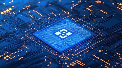 Digital circuit board with AI-related icons and data flow.