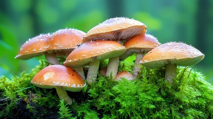 Fototapeta premium Dew Kissed Mushrooms Bright Colors Moss Covered Floor Scenic
