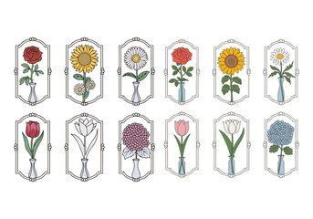set of flowers A vector illustration of floral frames. The first frame has a rose, the second has a sunflower, the third has a daisy, the fourth has a tulip, the fifth has a lily, and the sixth