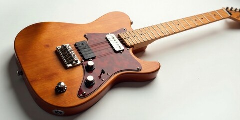 Fototapeta premium A sunburst electric guitar with a maple neck and rosewood fingerboard rests on a plain white background