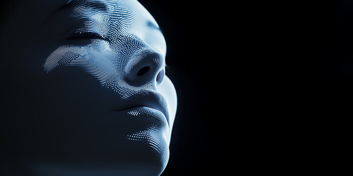Futuristic digital face scan illuminated by biometric light patterns, symbolizing artificial intelligence, security, and technology