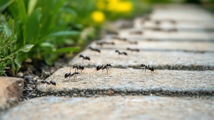 Ants marching on paved garden path, blurred flowers in background