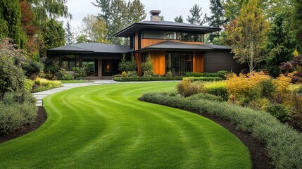 Modern House with Lush Green Lawn and Landscaped Garden